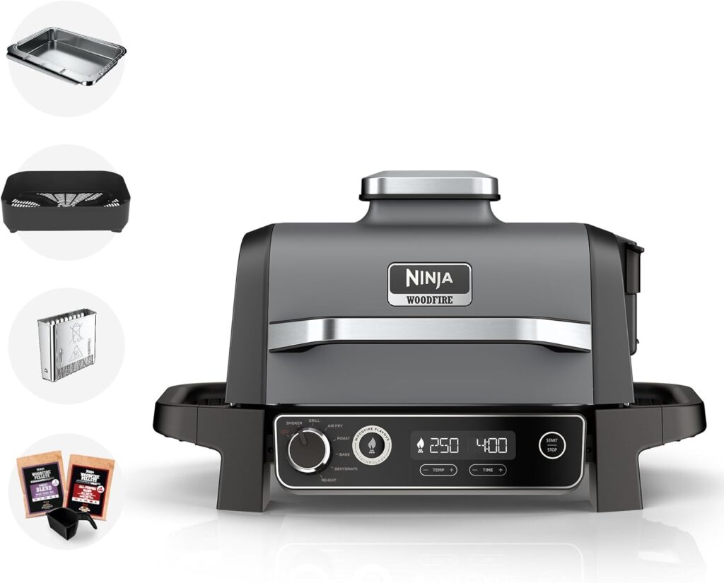 Ninja Woodfire Electric BBQ Grill & Smoker, 7-in-1 Outdoor Barbecue Grill & Air Fryer, Roast, Bake, Dehydrate, Uses Woodfire Pellets, Non-Stick, Portable, Gift for her / him, Grey/Black, OG701UK