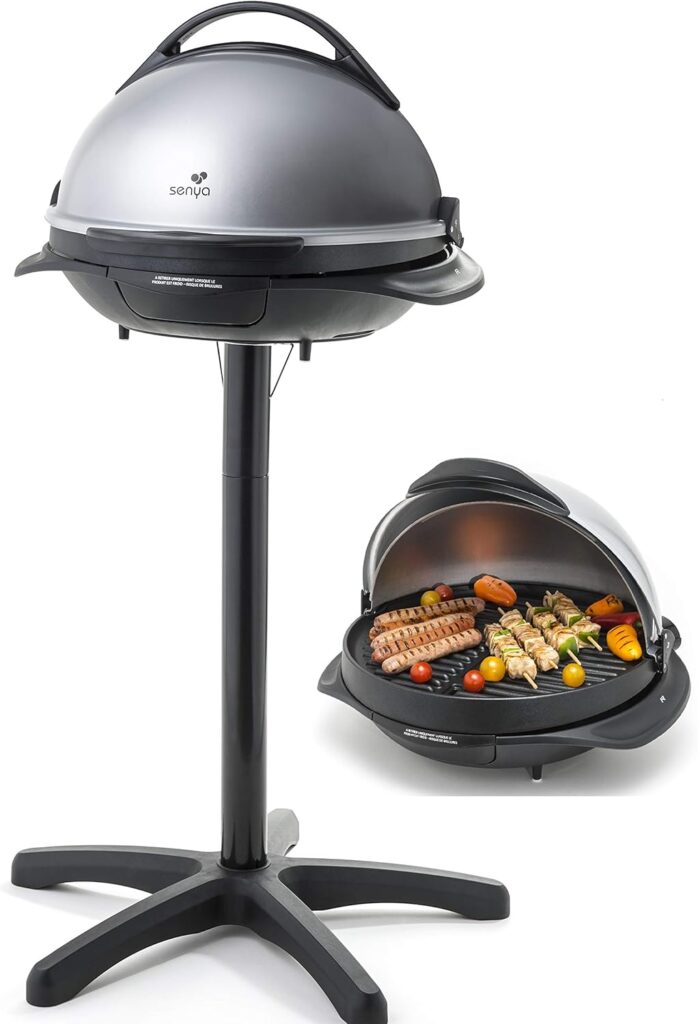 SENYA Barbecue Électrique 2 en 1 sur Pied et sur Table, Plaque en Fonte d’aluminium, Couvercle Détachable, 2200W, SYCK-G043, Gris