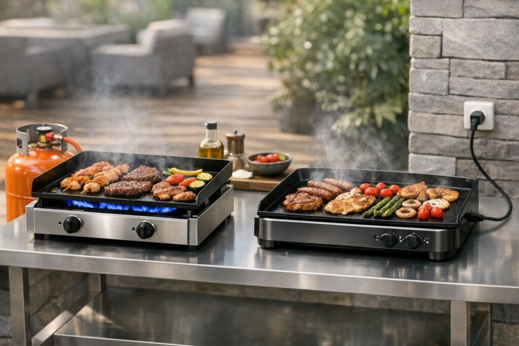 A gaz ou électrique, quel type de plancha choisir ? - Mes Grillades découvrez les avantages et inconvénients des planchas à gaz et électriques pour choisir celle qui correspond le mieux à vos besoins culinaires.